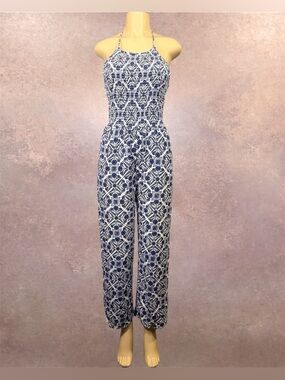 Patrons of Peace | Smocked Halter Jumpsuit | Blue White Medallion | NWT Size S